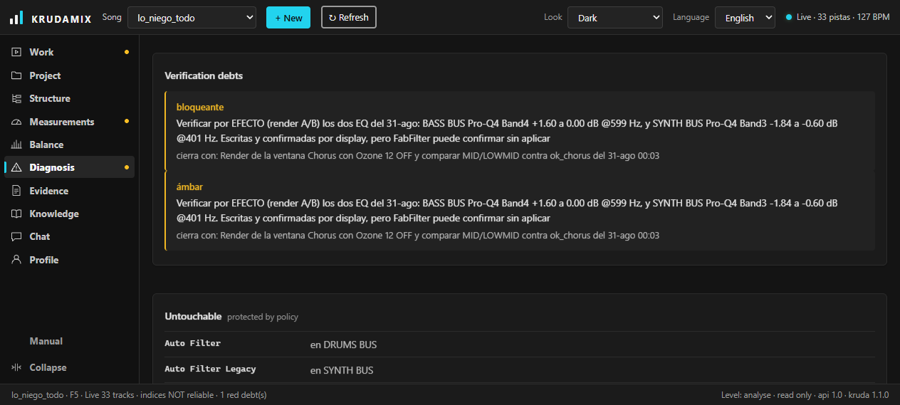 Krudamix Diagnostics screen: a list of pending verification debts and a list of devices marked as untouchable by the project policy.