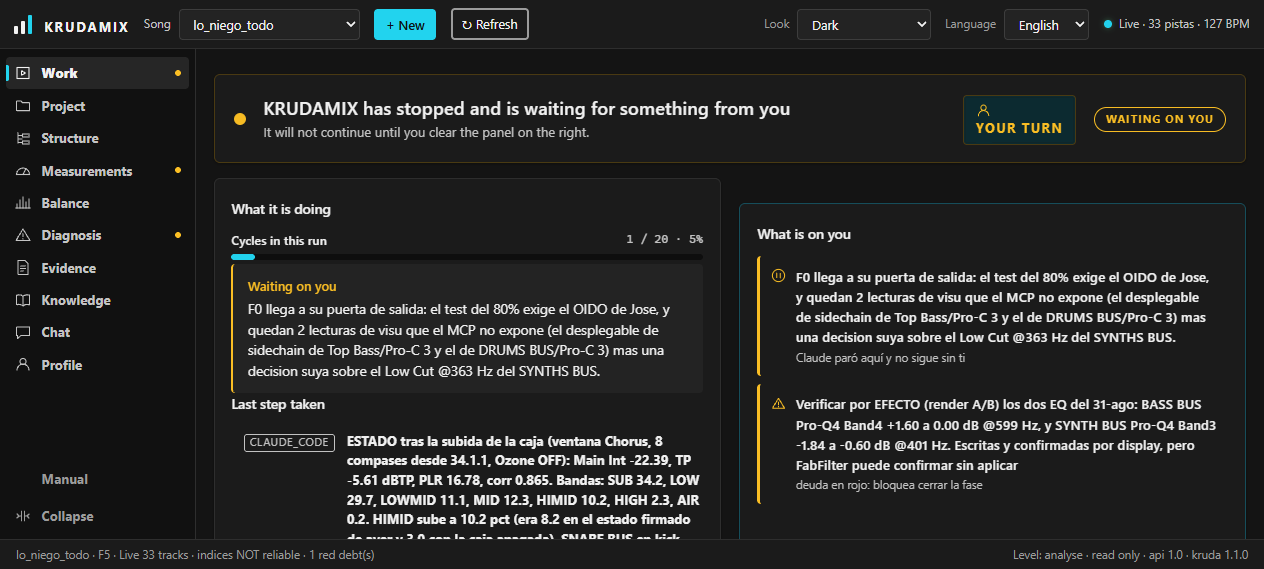 Krudamix Work screen: the assistant has stopped and shows the message «KRUDA has stopped and is waiting for you», with the detail of which decision it needs and the Done, Reply and Stop buttons.
