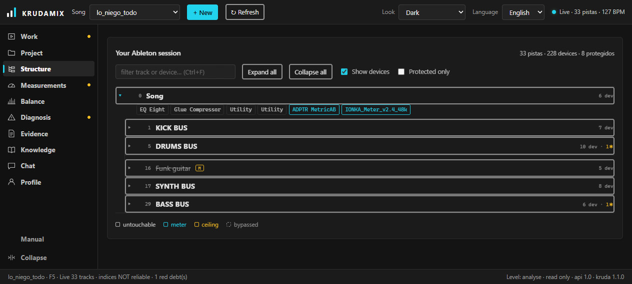Structure screen: the tree of tracks and buses with their devices