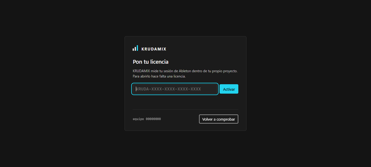 Pantalla de licencia de KRUDAMIX: campo para la clave y botón Activar