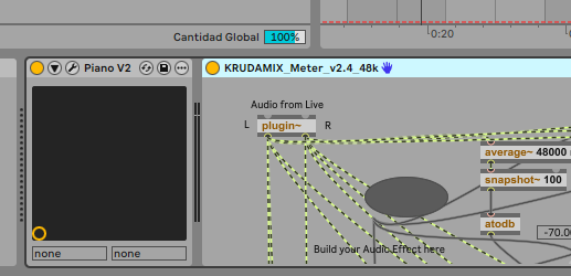 El device KRUDAMIX Meter cargado en una pista de Ableton, con su ventana de Max abierta