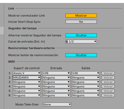 Preferencias de Ableton, Link Tempo y MIDI: el Control Surface KRUDAMIX elegido en la fila 2, con Entrada y Salida en Ninguno